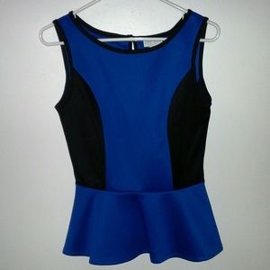 Bisou Bisou Blue and Black Peplum Top NWOT